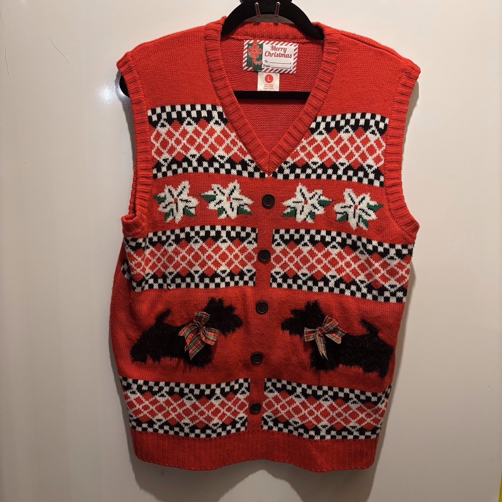 Merry Christmas Sweater‎ Vest Scotty Dogs Size Large 38" X 26"